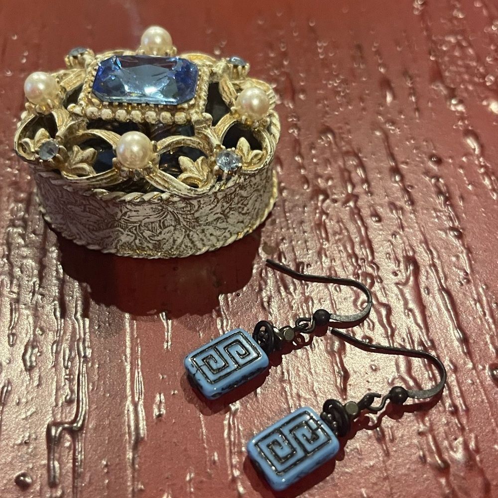 HandCrafted Artisan Earrings Blue Czech Glass Copper Greek Key Rustic Boho# 173  - Picture 4 of 7